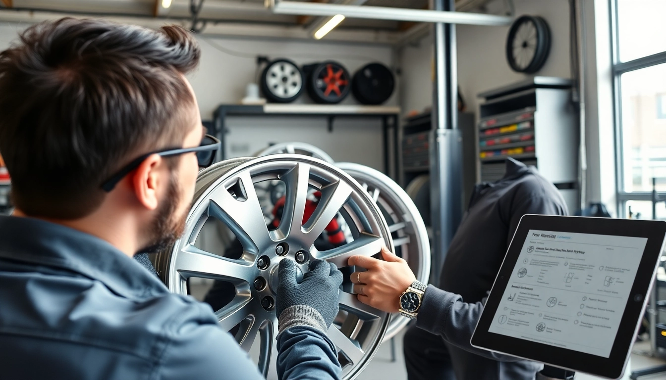 Alufelge Kratzer Reparatur München: Professionelle Reparatur von Alufelgen in heller Werkstatt.