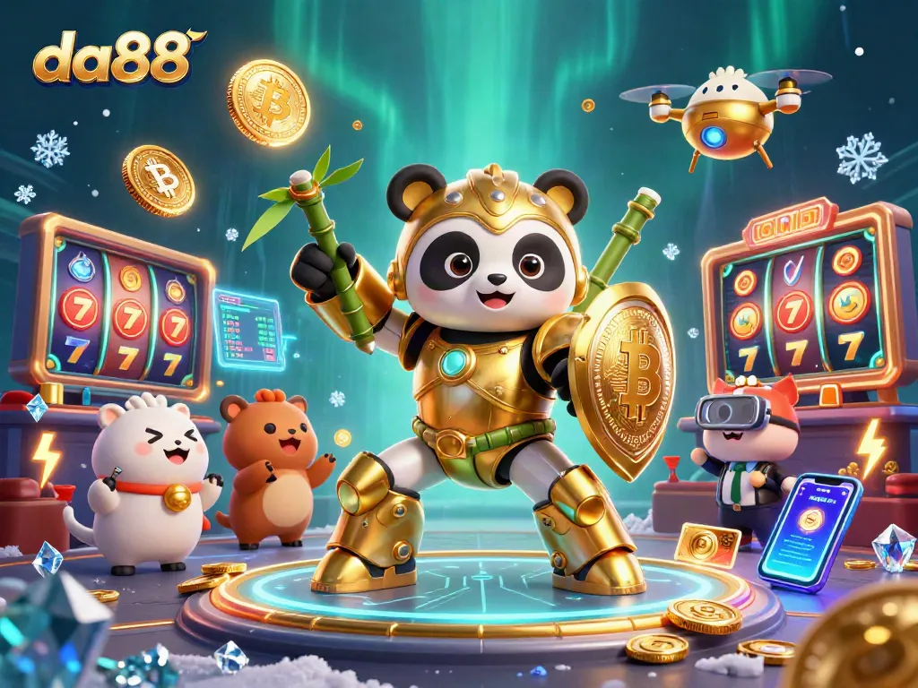 Engage with da88 in a packed casino environment, featuring a golden panda robot and slot games.