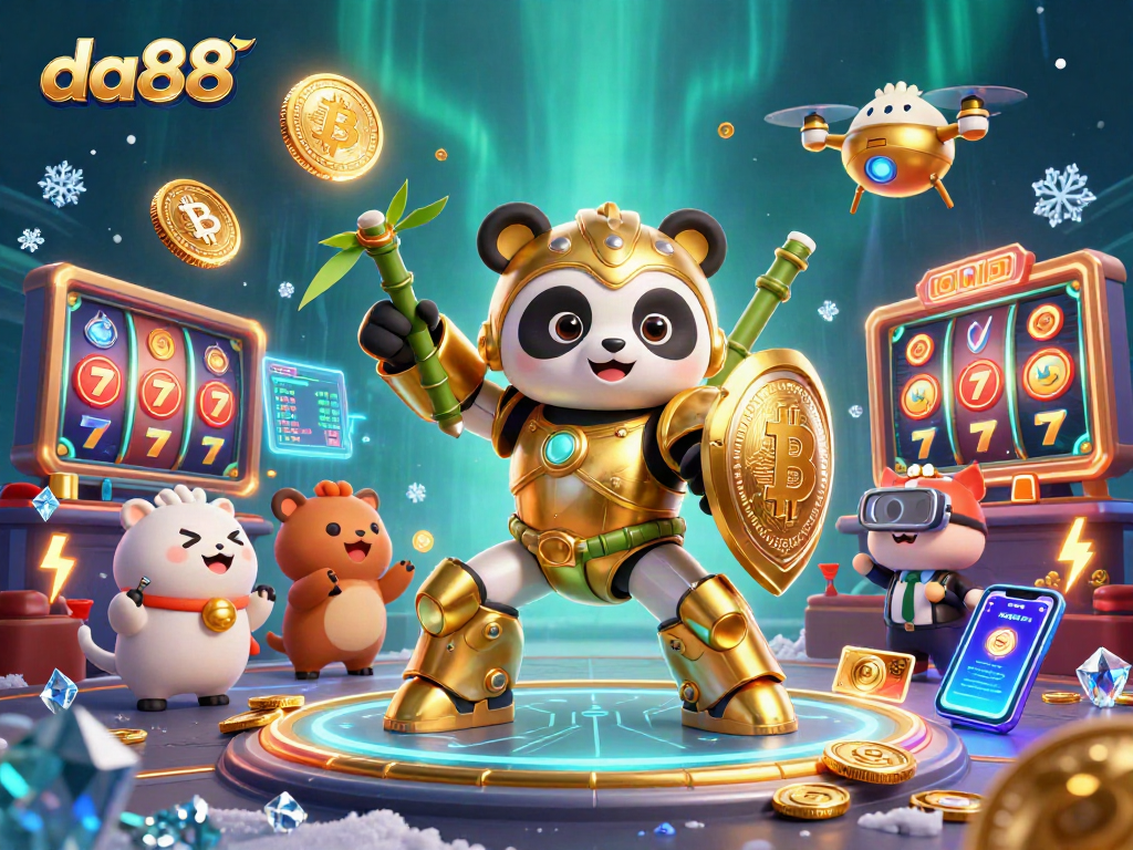 Engage with da88 in a packed casino environment, featuring a golden panda robot and slot games.