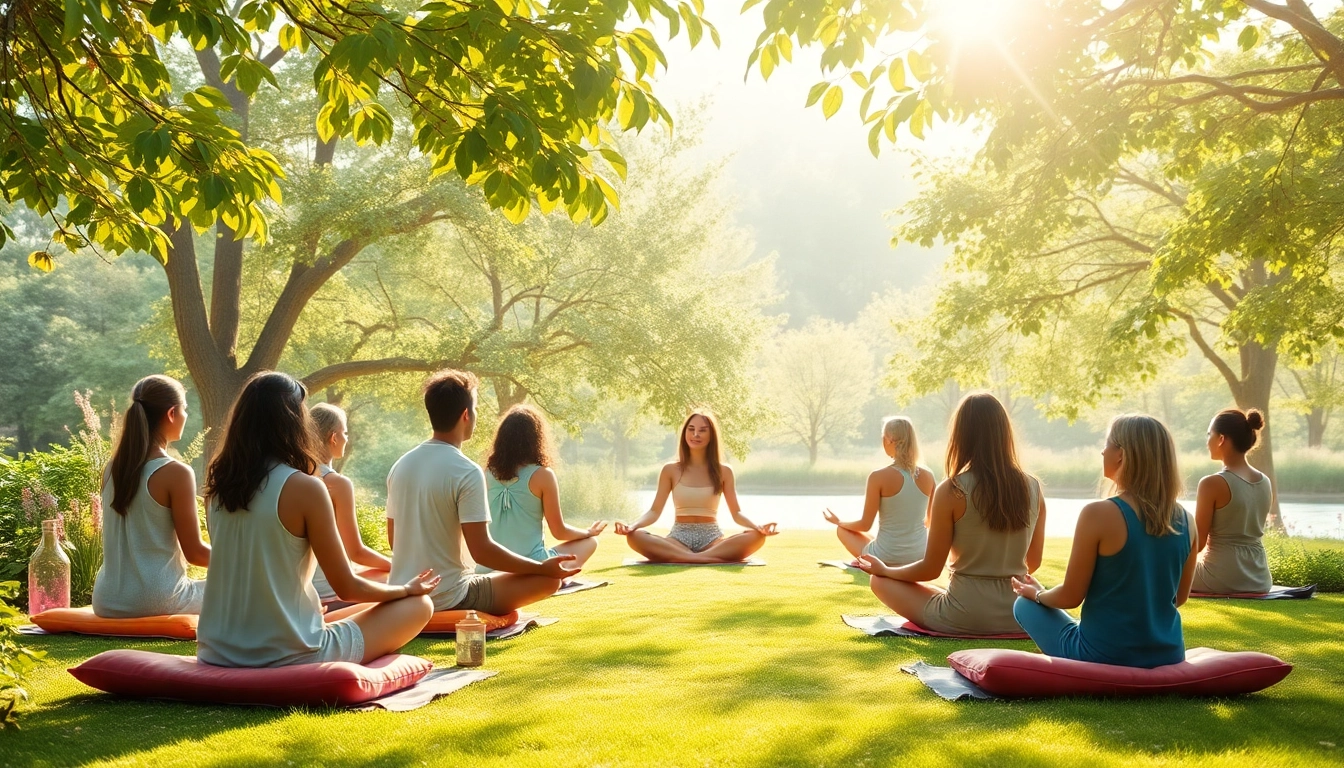 Engaging scene depicting emotional wellbeing through meditation in nature, showcasing diversity and tranquility.