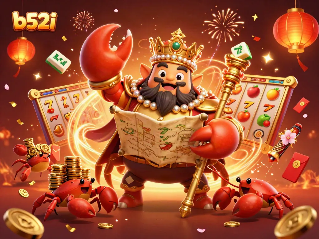 Join the excitement at b52i with vibrant casino-themed imagery of a golden crab emperor showcasing slot games and treasures.