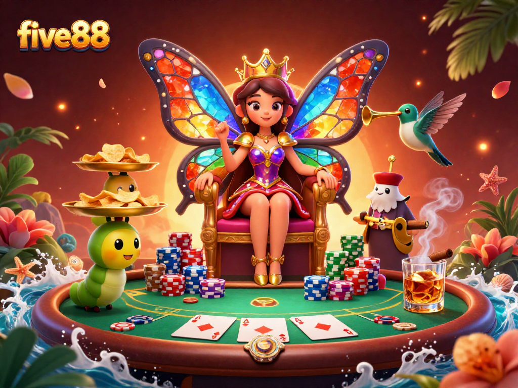 Win big at five88 with a colorful casino scene featuring poker chips and a butterfly queen.