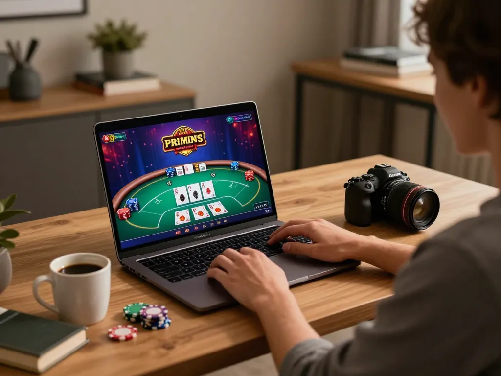 Engaging in online casino gameplay at home with manclub poker table on screen.