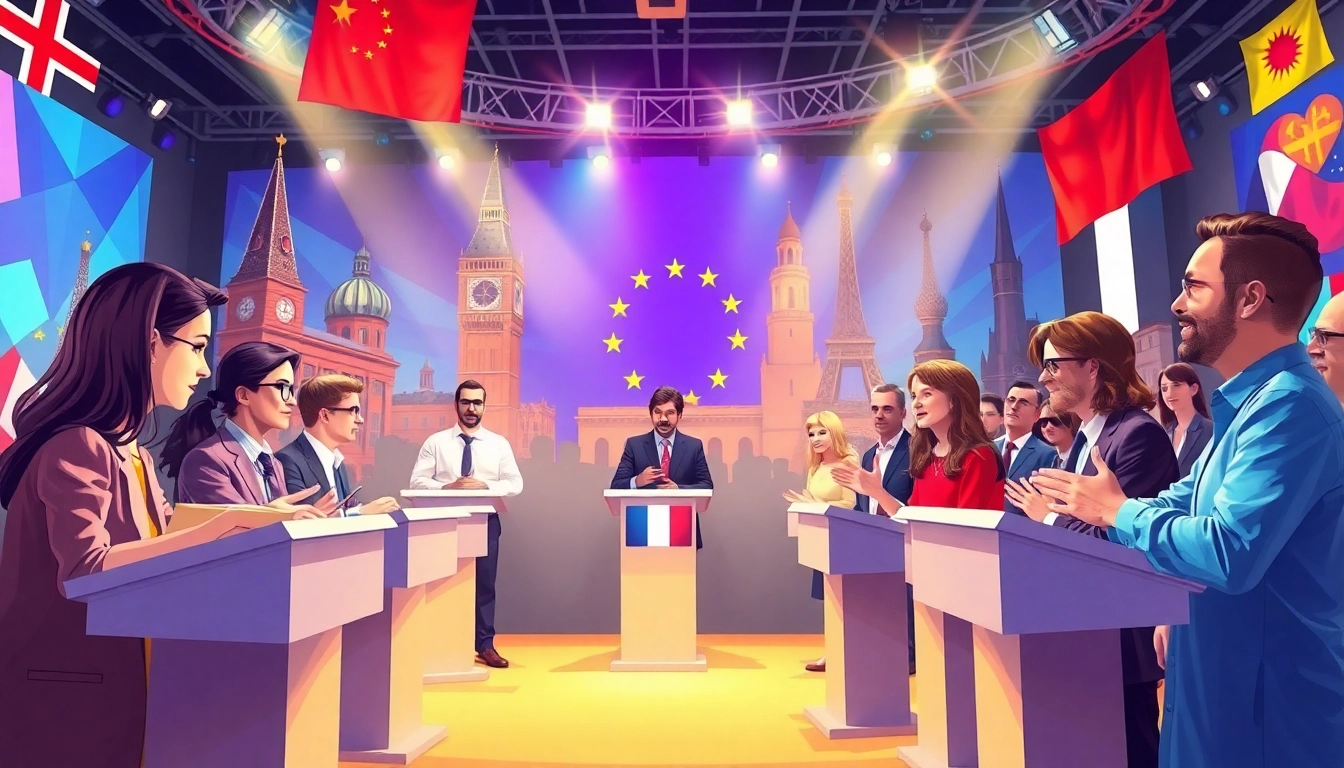 Teilnehmer lösen Fragen beim Europa Quiz in einem festlichen, bunten Ambiente.