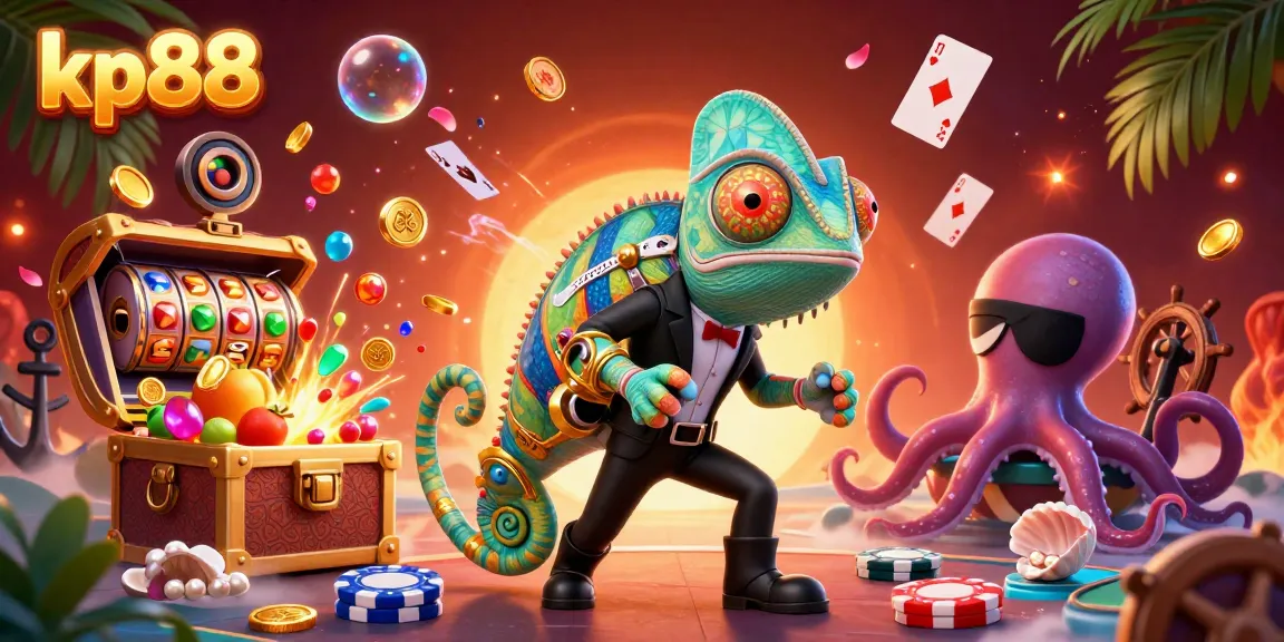 Experience thrilling action with kp88 in this vibrant casino illustration featuring a chameleon, gecko, and octopus.
