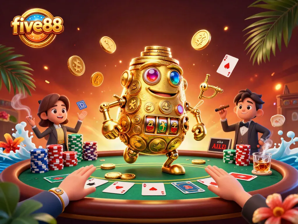 Experience the excitement of five88 with a vibrant illustration showcasing rich casino scenes.