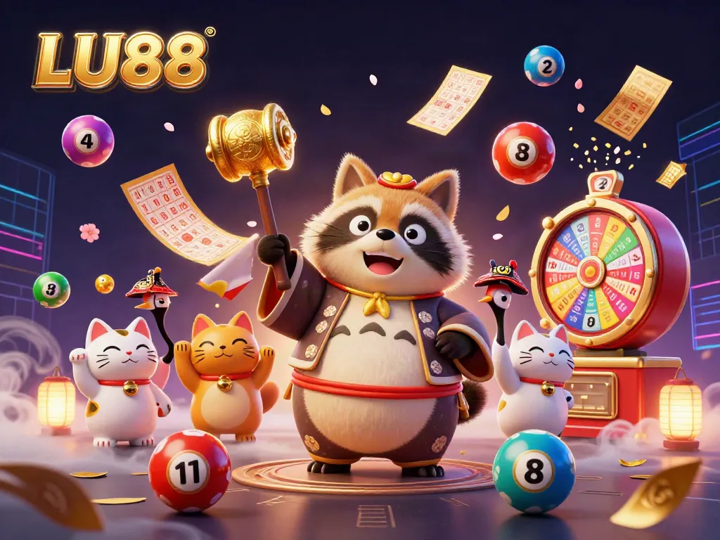 LU88 celebrates luck with a festive tanuki, samurai crane, and fortune cats amid dynamic casino elements.