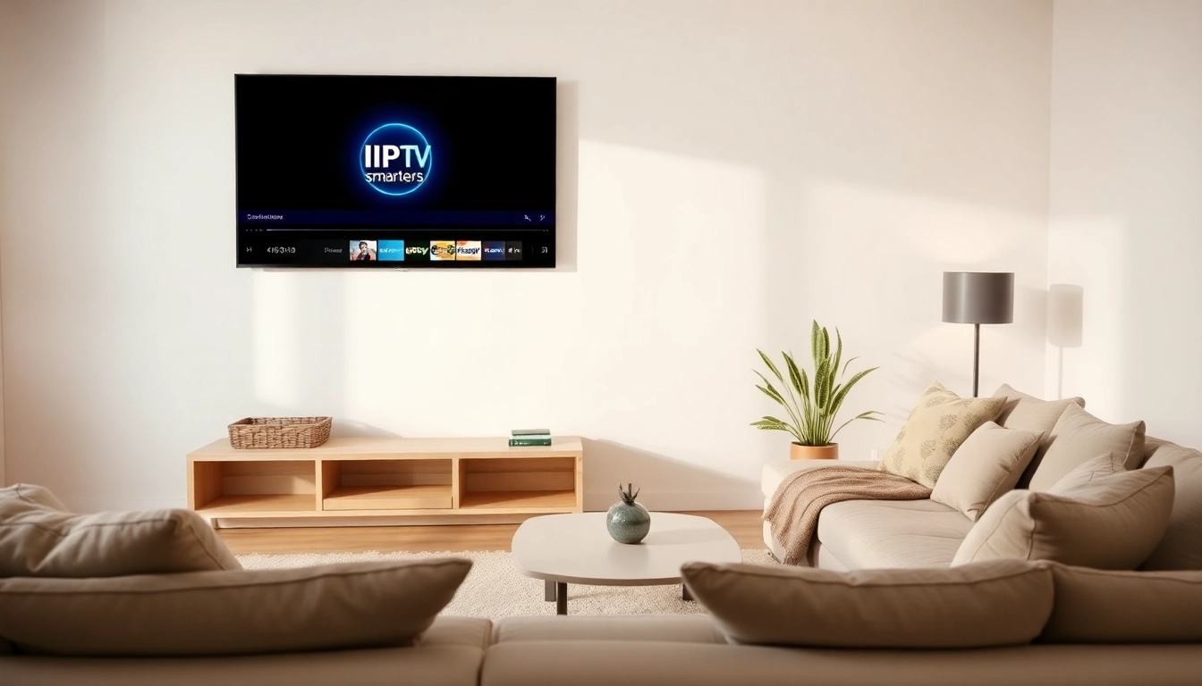 Erleben Sie IPTV Smarters Player auf iptv-smarters-player.net in einem gemütlichen Wohnzimmer mit modernem Fernseher.