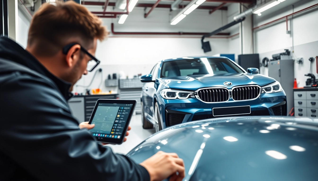 BMW Codierung durch einen Techniker in einer modernen Werkstatt mit technischen Geräten.