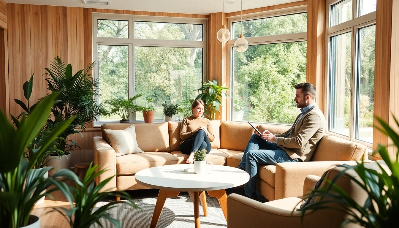 Coaching in Lebenskrisen: Ein beruhigendes Coaching-Büro mit Menschen im Gespräch.