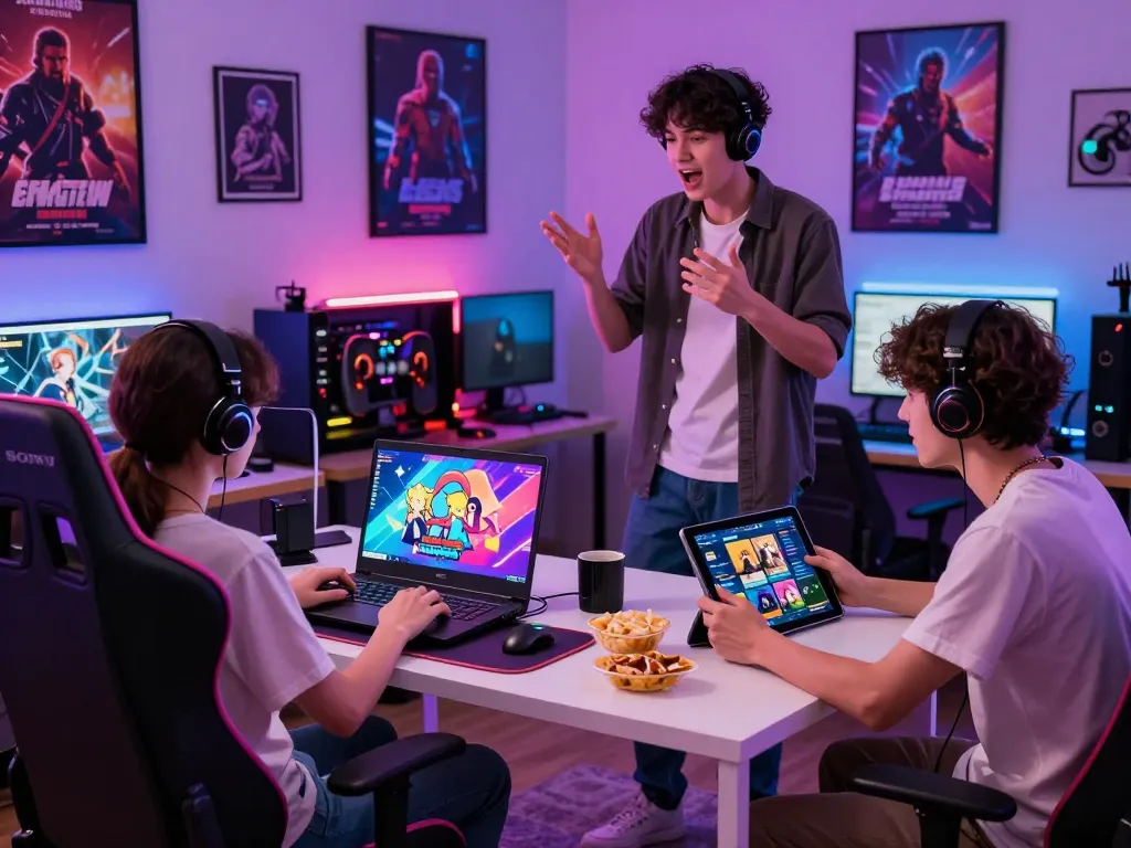 Dynamic gaming scene with friends enjoying sex game online on devices, capturing vibrant atmosphere of fun and engagement.