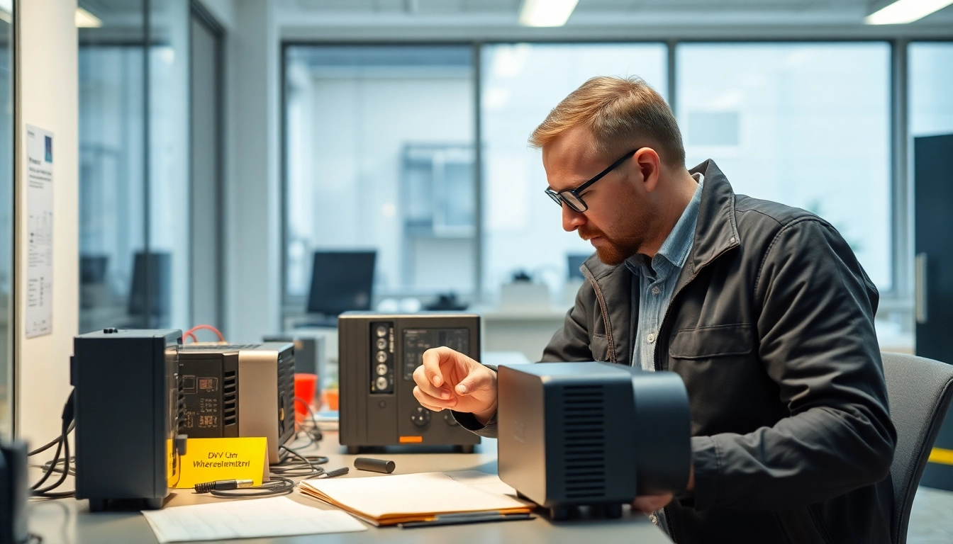 Techniker führt eine DGUV V3 Prüfung an elektrischen Geräten durch, um Sicherheit am Arbeitsplatz zu gewährleisten.
