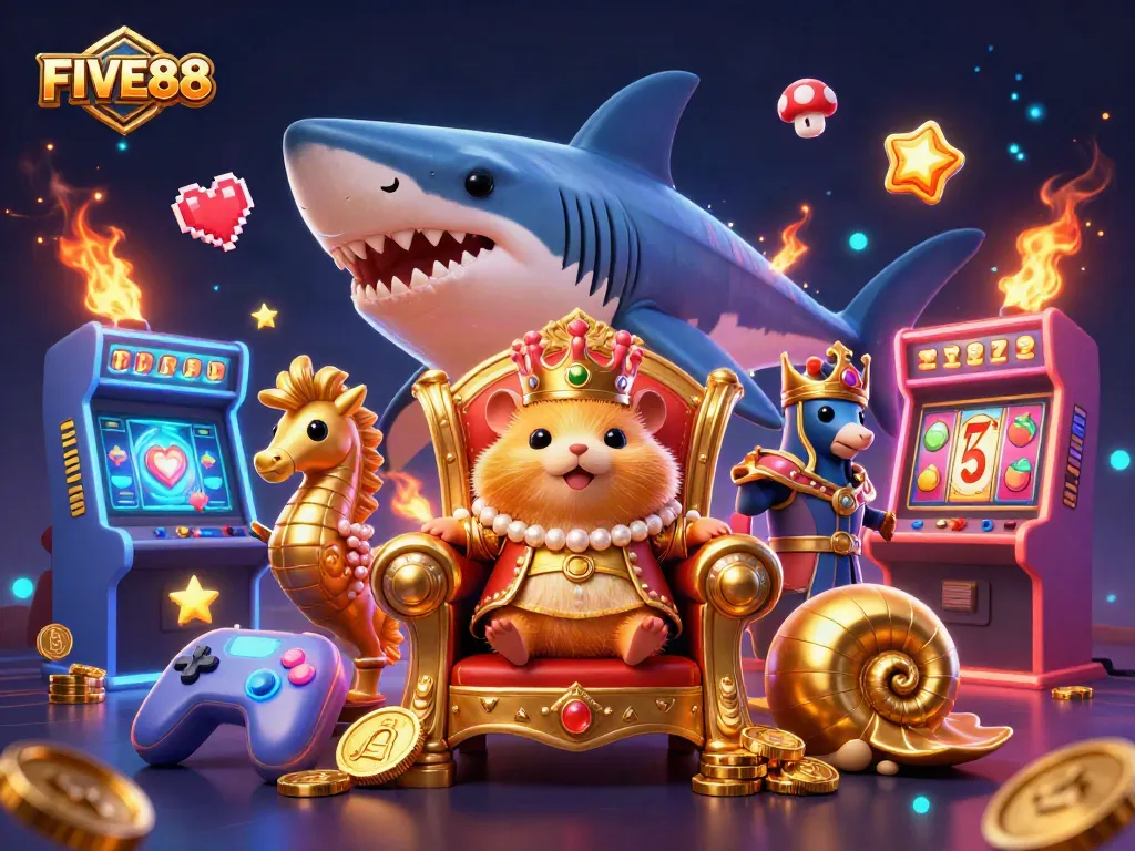 Engage in exciting gaming at FIVE88 with colorful symbols and characters in a vibrant digital casino.