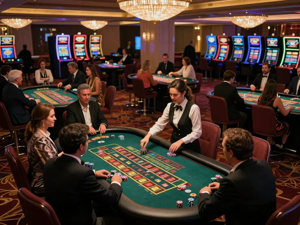 Players enjoy nohu roulette action with vibrant chips and a lively atmosphere in a luxurious casino.