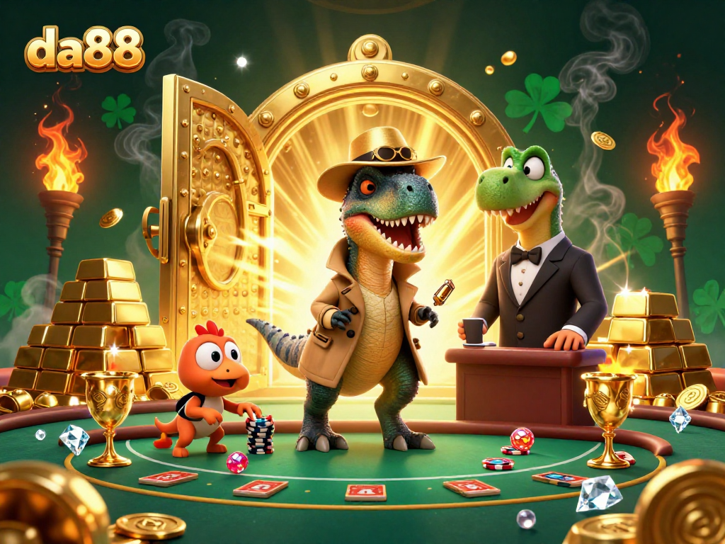Experience high-stakes gaming at da88 with a cartoon velociraptor intricately designed at a blackjack table.