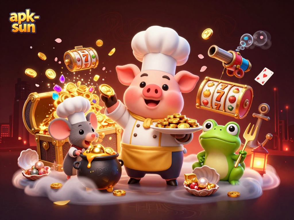 Play slots effortlessly with apk-sun featuring a chef pig serving golden coins and lively game elements.