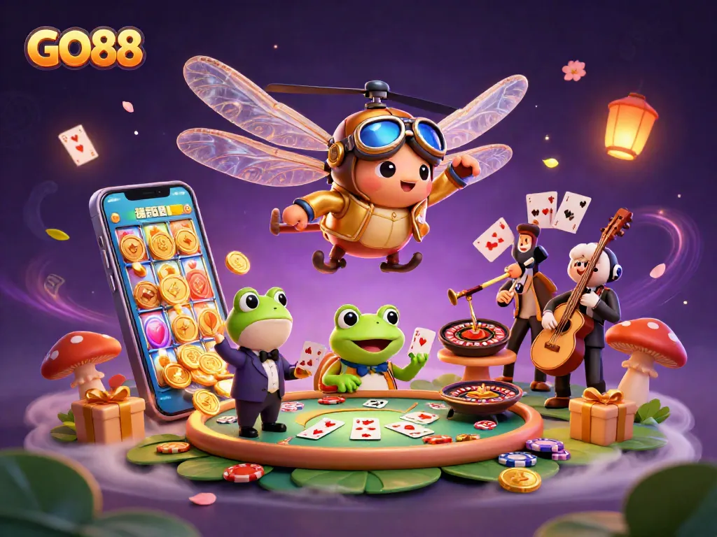 GO88's vibrant casino scene with a dragonfly pilot and frog dealer capturing thrilling gameplay.