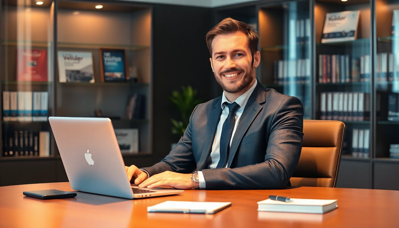 Professioneller Headhunter für Vertriebsmitarbeiter am Schreibtisch mit Laptop und Vertriebsliteratur.