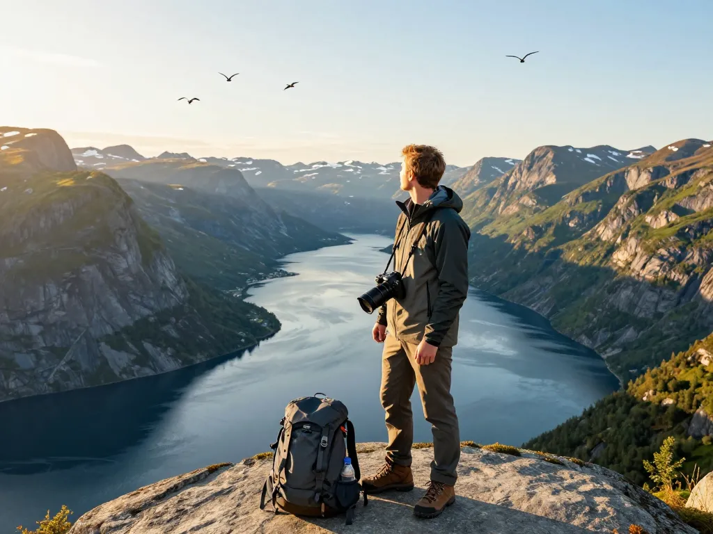 Skandinavien Reisetipps: Reisender genießt atemberaubende Fjordblicke während der goldenen Stunde.