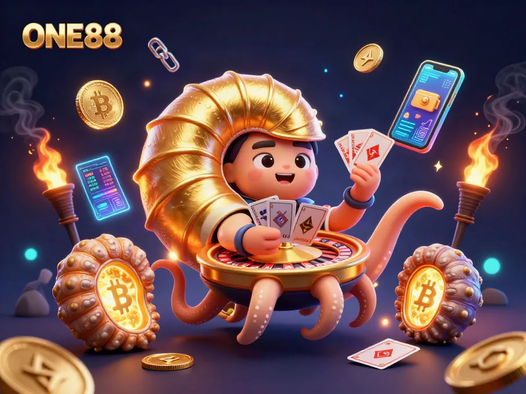 Engage in thrilling gaming at ONE88, featuring a giant nautilus roulette wheel amidst vibrant crypto visuals.