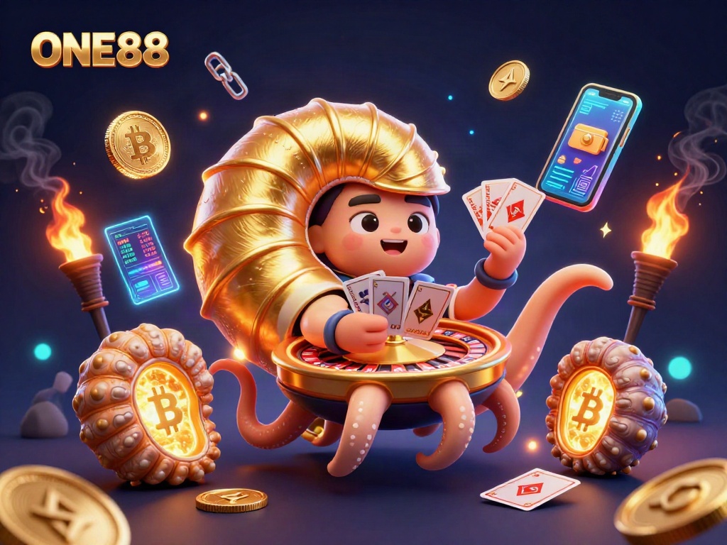 Engage in thrilling gaming at ONE88, featuring a giant nautilus roulette wheel amidst vibrant crypto visuals.