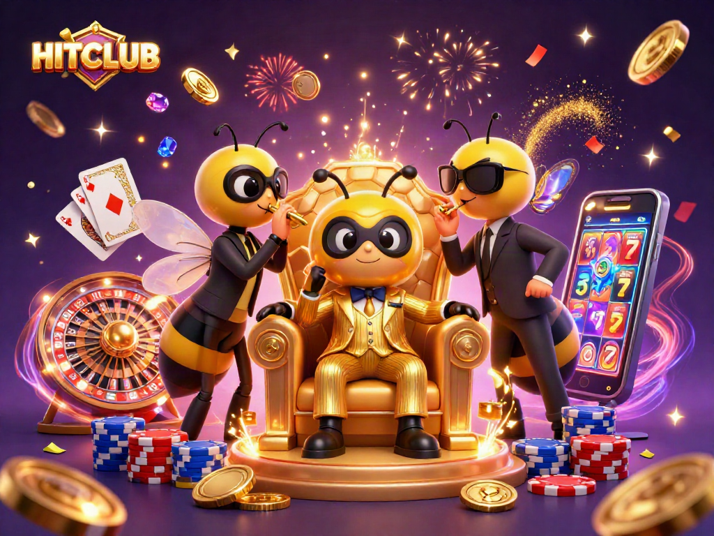 Experience winning at HITCLUB with vibrant slot machines and extravagant gameplay elements in a 3D illustration.