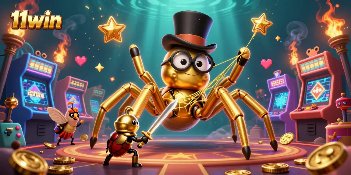 Experience adventure in 11win's vibrant casino world with a giant tarantula weaving golden threads.