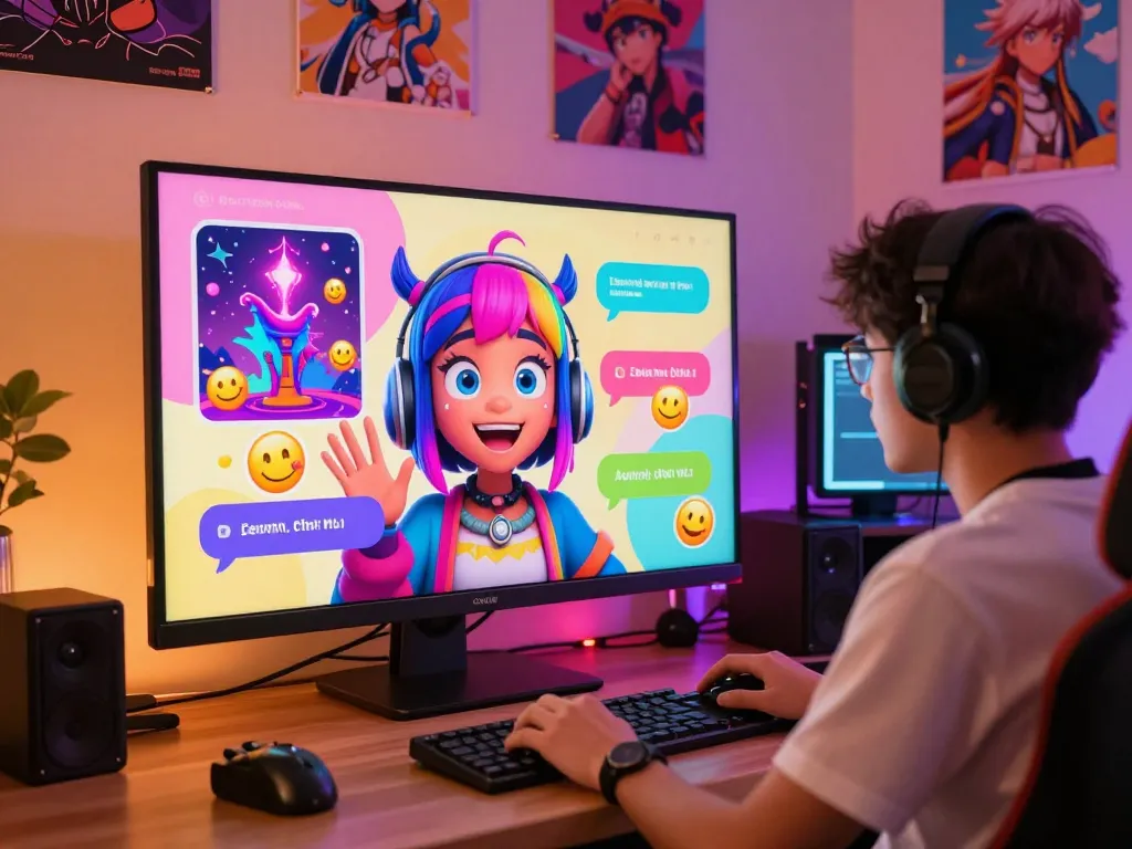 Engaging hentai ai chat with a colorful character in a vibrant gaming room atmosphere