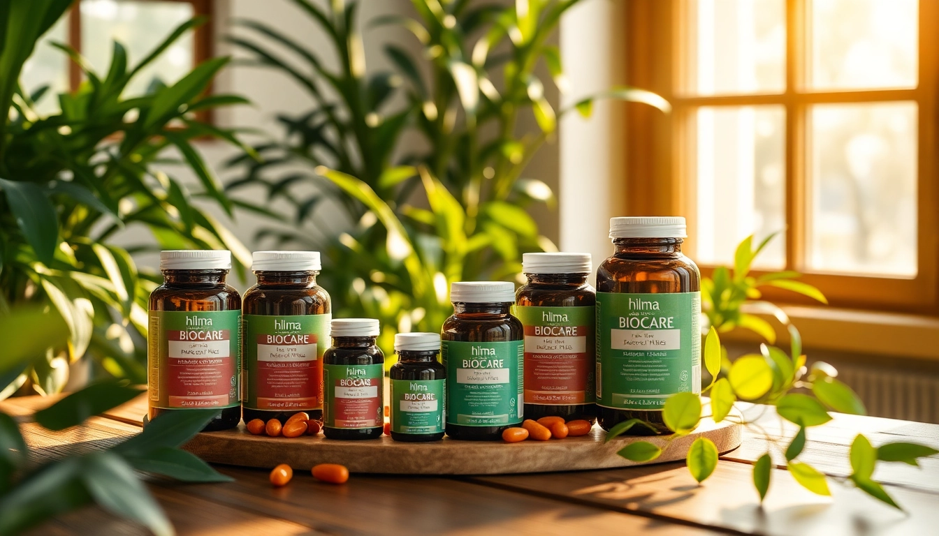 Sehen Sie hilma biocare Produkte, die kunstvoll auf einem Tisch mit natürlicher Beleuchtung angeordnet sind.