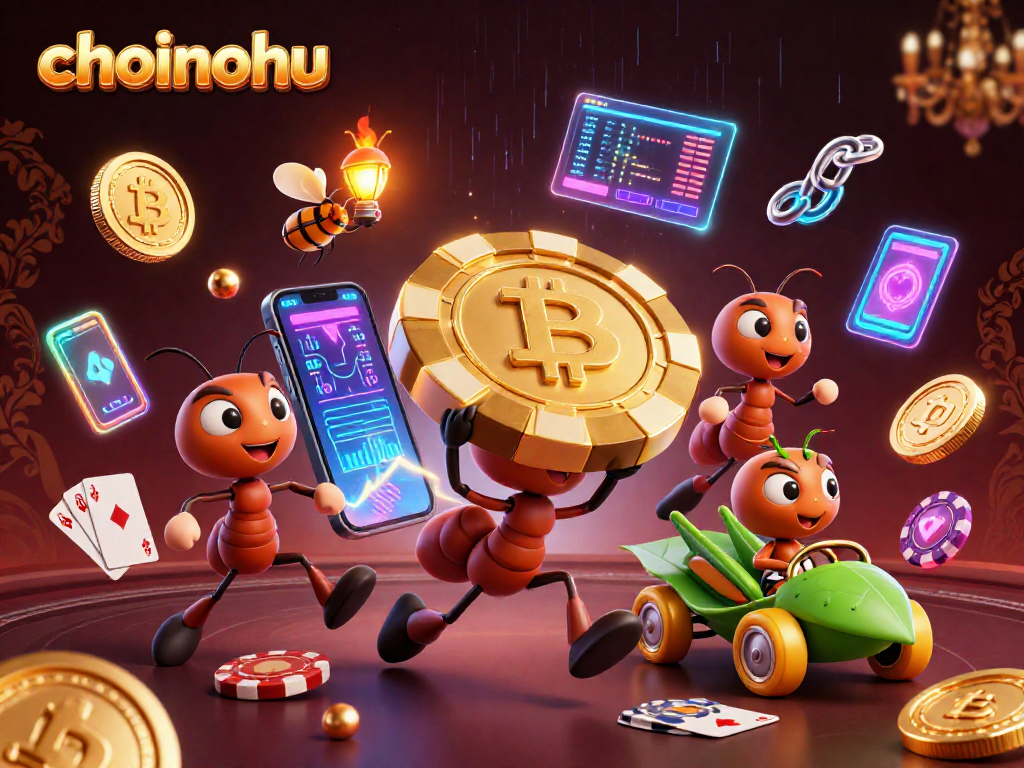 choinohu enhances your gaming adventure with a vibrant 3D crypto heist featuring playful ants and vibrant poker elements.