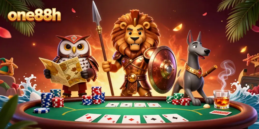 Experience the thrill of one88h with dynamic poker action illustrated in a vibrant 3D scene.