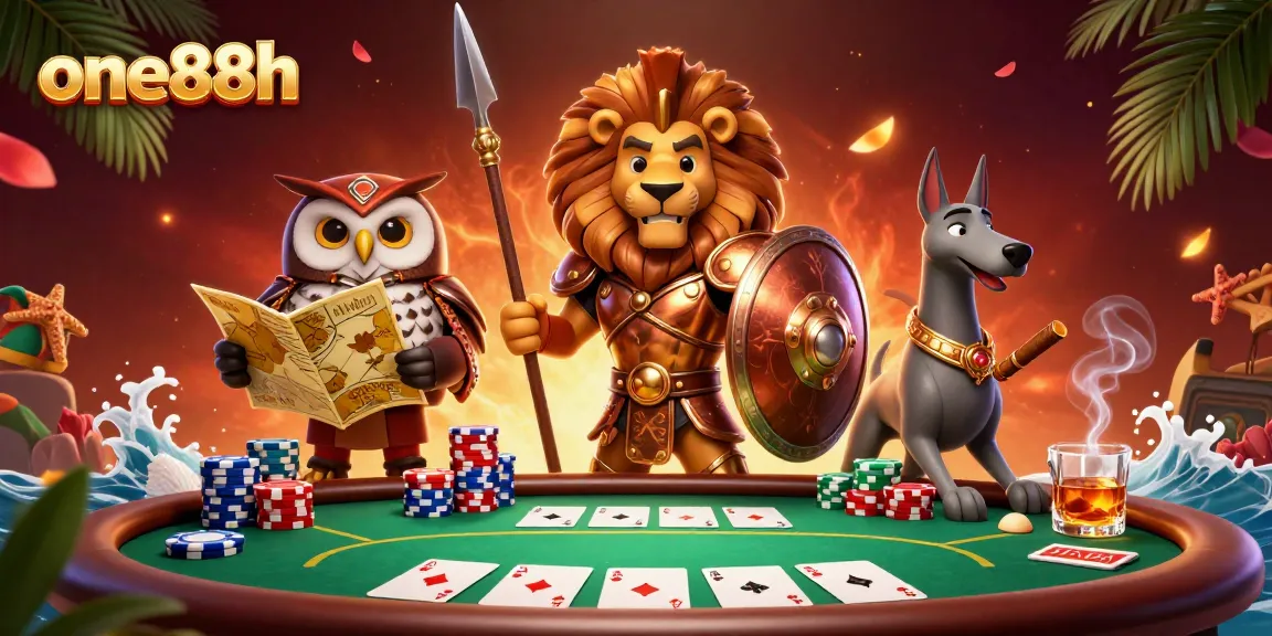 Experience the thrill of one88h with dynamic poker action illustrated in a vibrant 3D scene.