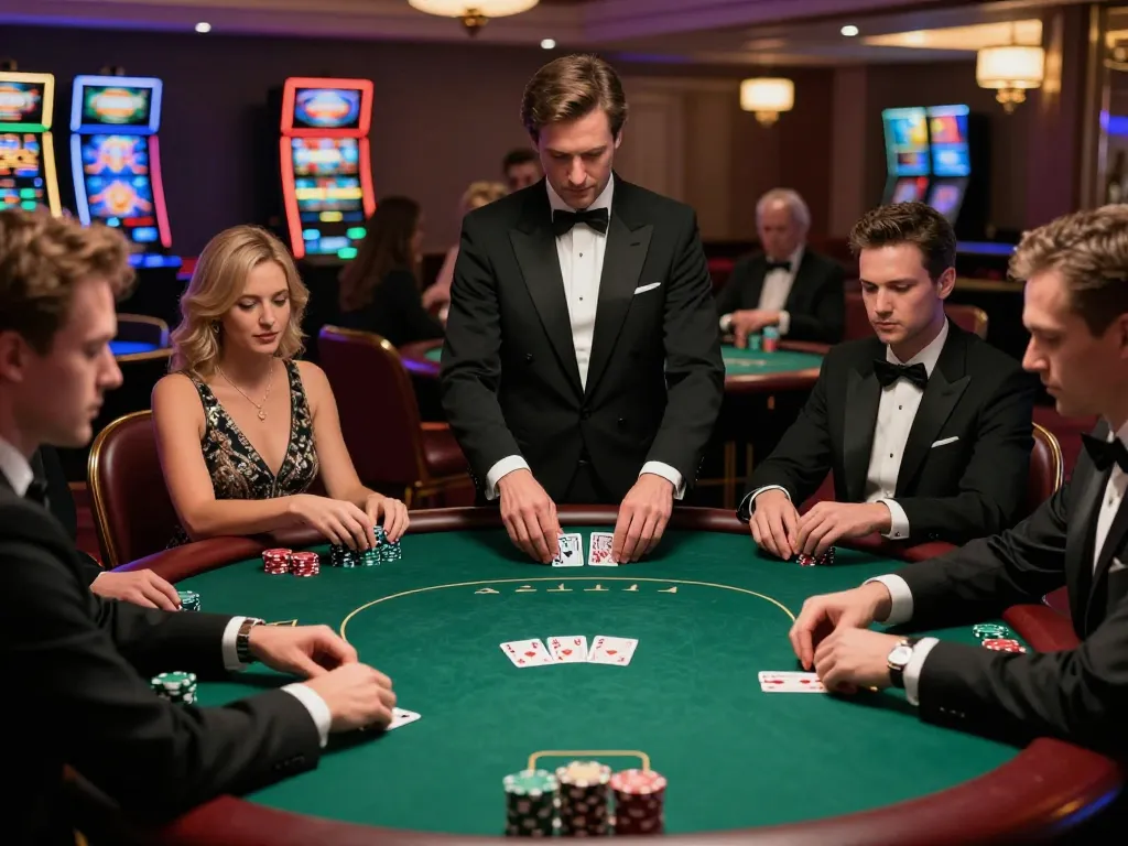 Players engage in high-stakes poker at a luxurious casino table in this sunwin-themed scene.