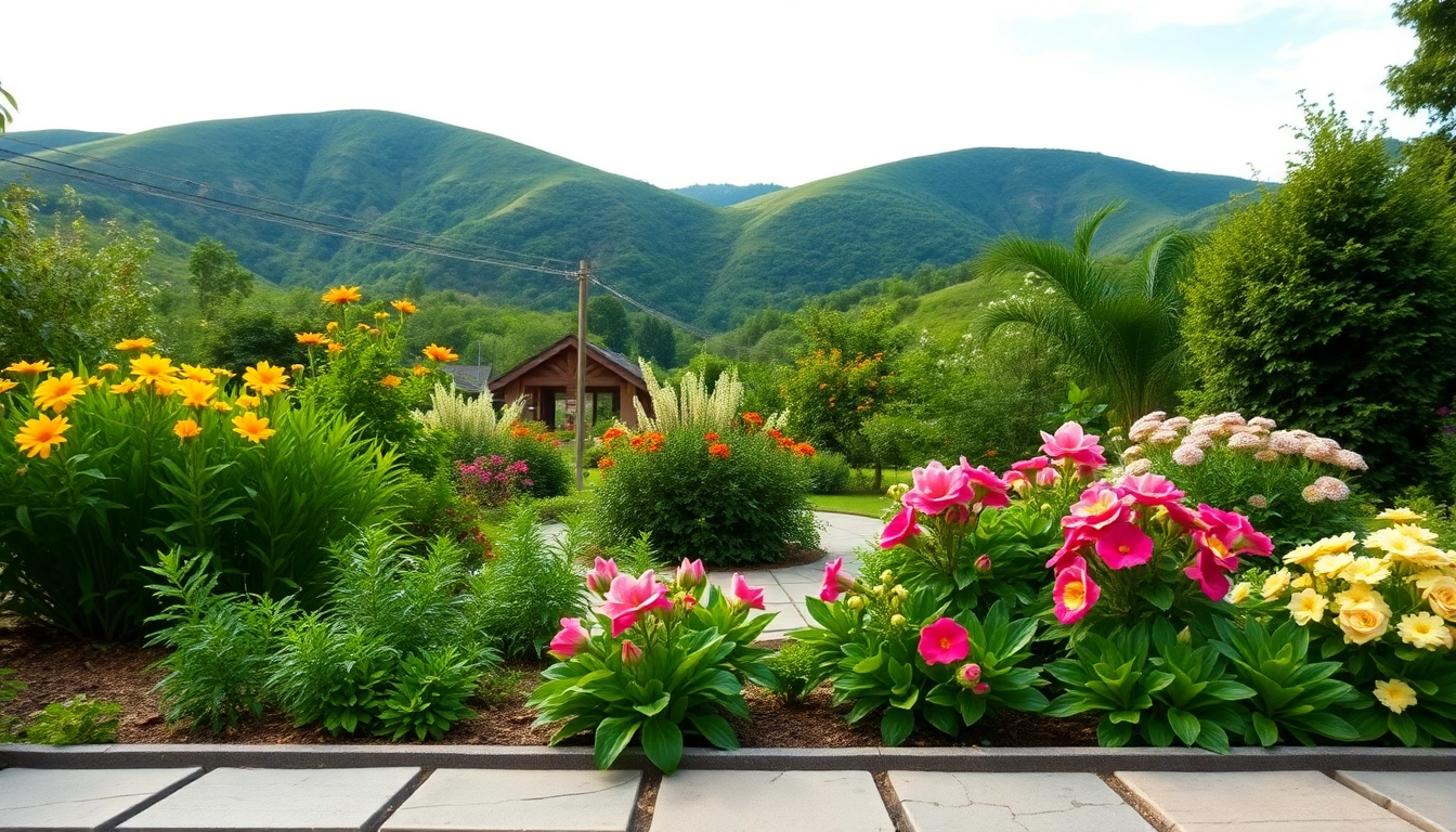 Gartenbau wunderschön gestalteter Garten mit bunten Blumen und Pflanzen.