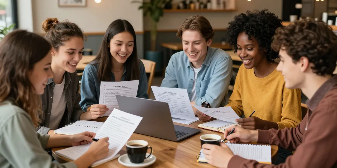 Freunde testen ihr Wissen mit einem Quiz Allgemeinwissen in einem gemütlichen Café.