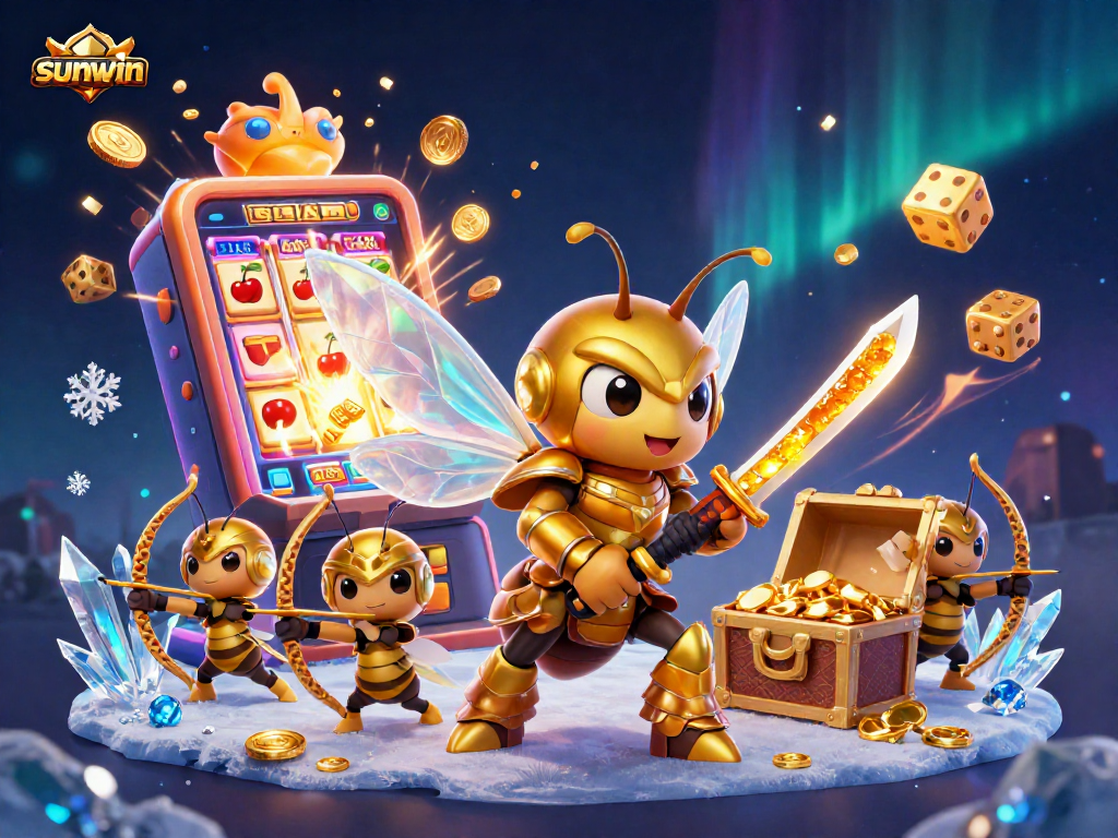 Experience the excitement of sunwin with dynamic gaming action and stunning 3D visuals in this vibrant illustration.