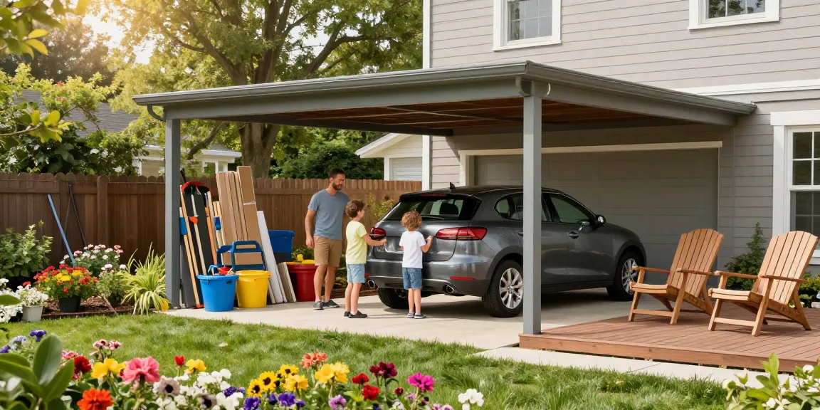 Moderne Carport-Installation mit einer Familie, die glücklich unter dem Carport parkt.