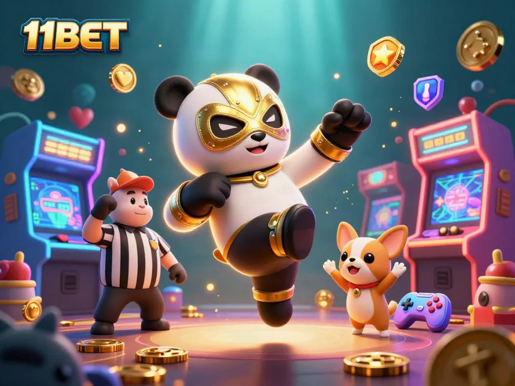 Join the excitement at 11BET with a dynamic scene featuring a panda wrestler and lively casino elements.