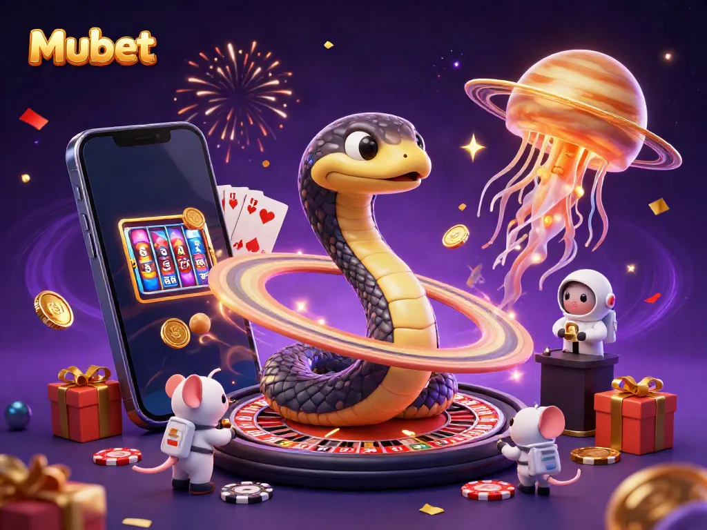 Engage with exciting bets at Mubet while cosmic characters animate a casino adventure.