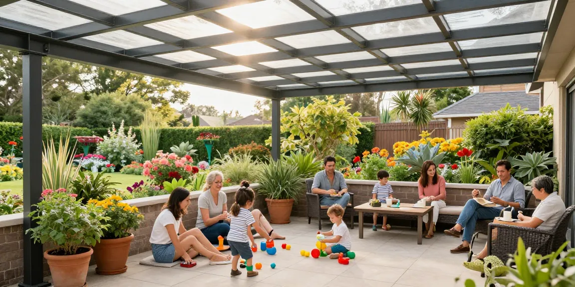 Moderne Terrassenüberdachung aus Aluminium mit Familie, die entspannt und spielt, umgeben von Pflanzen.