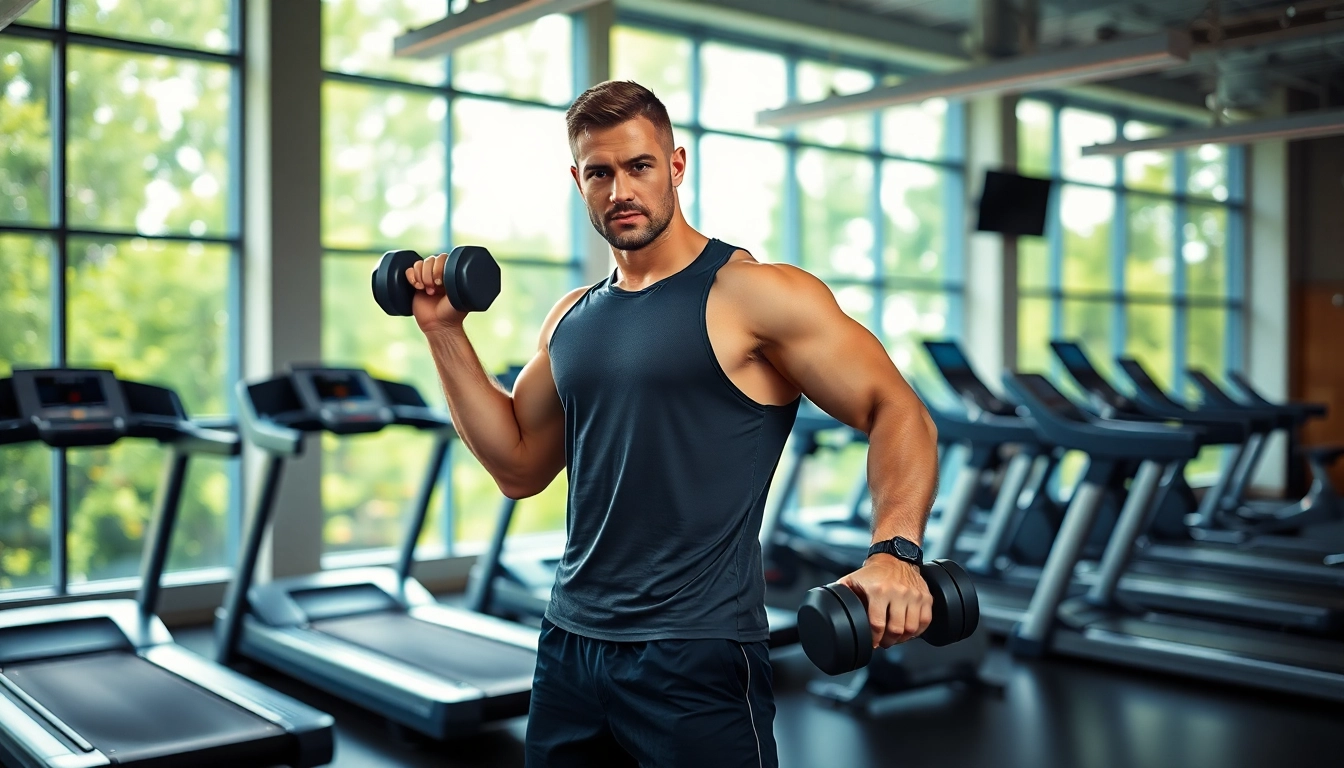Clenbuterol kaufen mit Fokus auf Fitness-Training in einem modernen Gym mit Tageslicht.