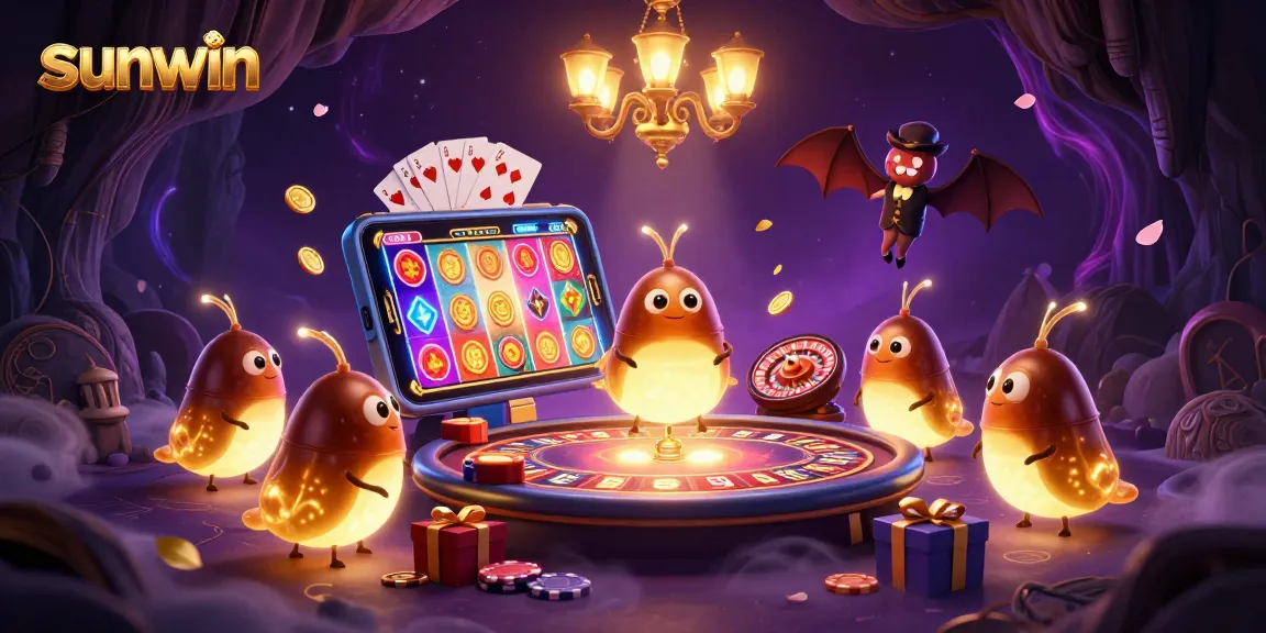 sunwin glowworms illuminate a vibrant casino scene with glowing tails and colorful game elements