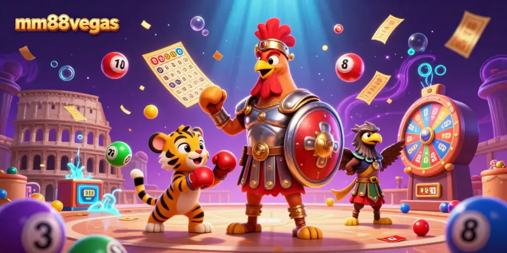 Engage with mm88vegas in a thrilling 3D casino adventure featuring a gladiator rooster and dynamic lottery elements.