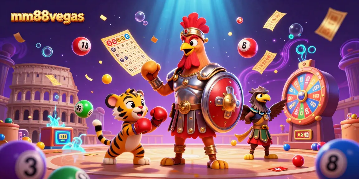 Engage with mm88vegas in a thrilling 3D casino adventure featuring a gladiator rooster and dynamic lottery elements.