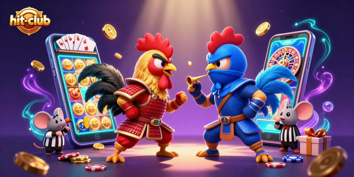 Experience hit-club with dynamic 3D roosters amid a vibrant casino scene filled with games and excitement.