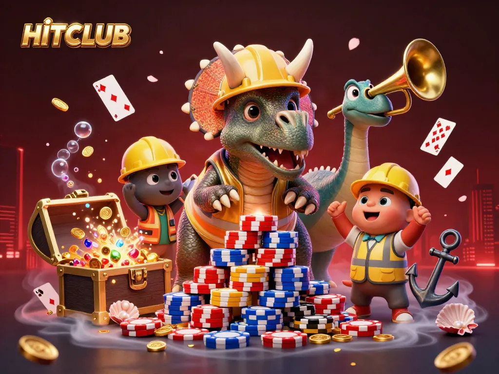 Experience HITCLUB's excitement with a playful 3D scene featuring a triceratops and gaming elements.