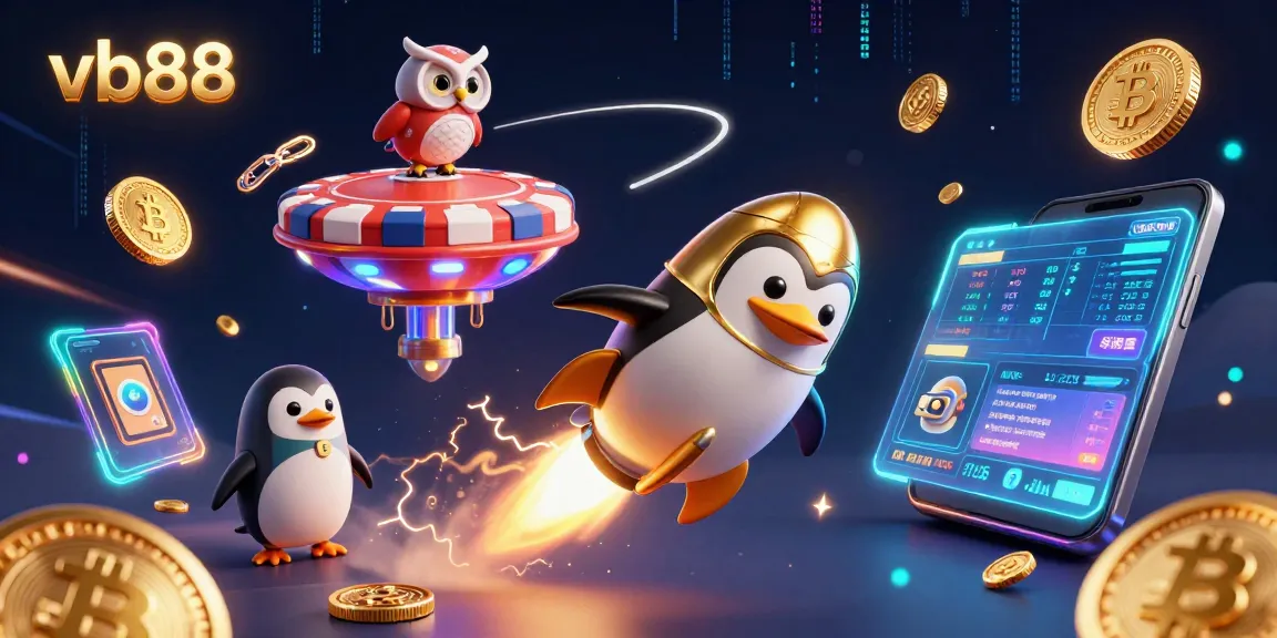 Experience winning with vb88 through a vibrant cosmic casino adventure featuring a golden penguin.