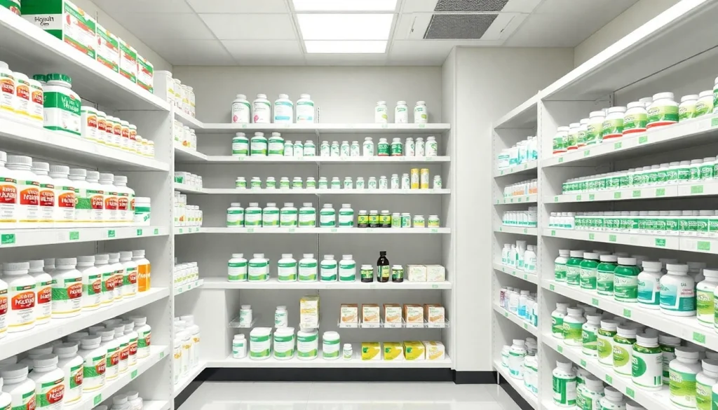 Shop for Abnehmkapseln kaufen in a modern pharmacy with a variety of weight loss products displayed on shelves.