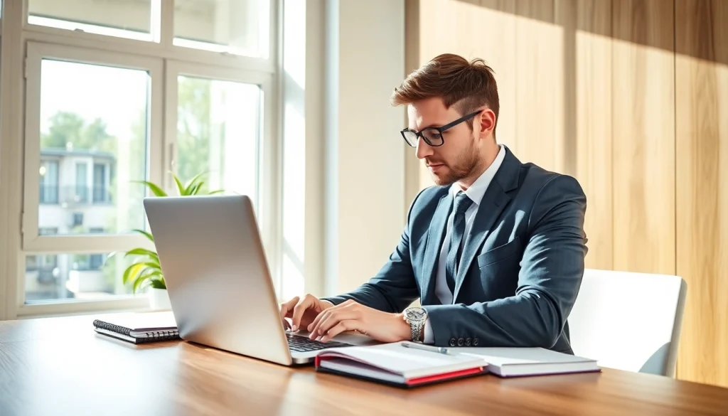Headhunter Wolfsburg arbeitet konzentriert am Laptop in modernem Büro.