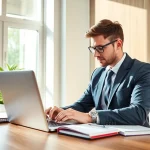 Headhunter Wolfsburg arbeitet konzentriert am Laptop in modernem Büro.
